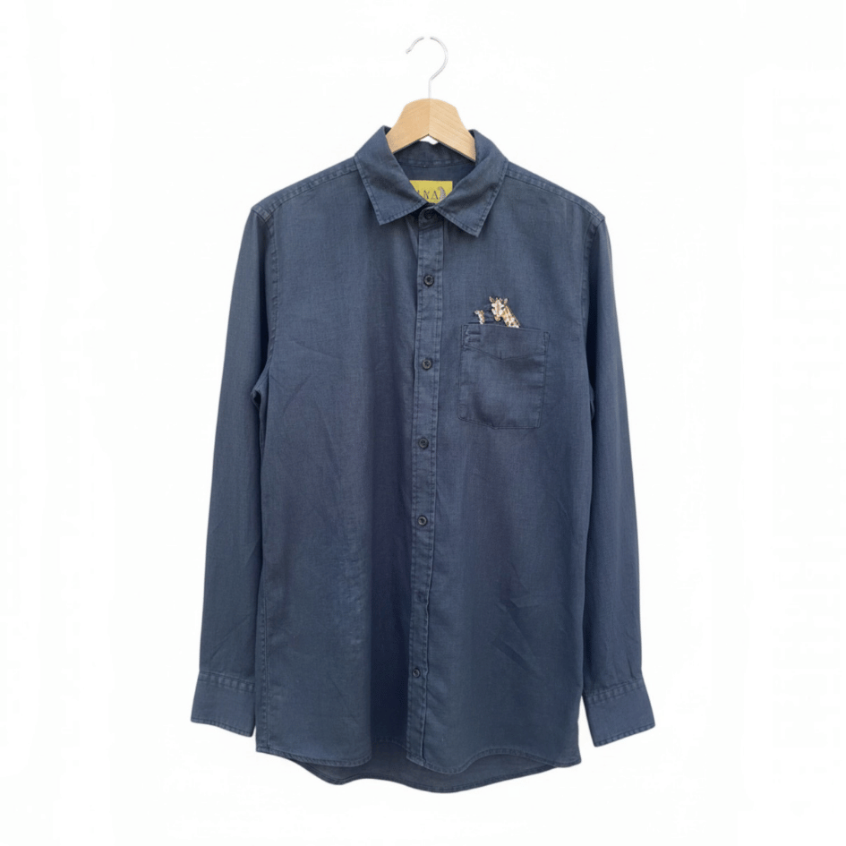 Unisex Upcycled Linen Shirt with Girafe Embroidery - Small