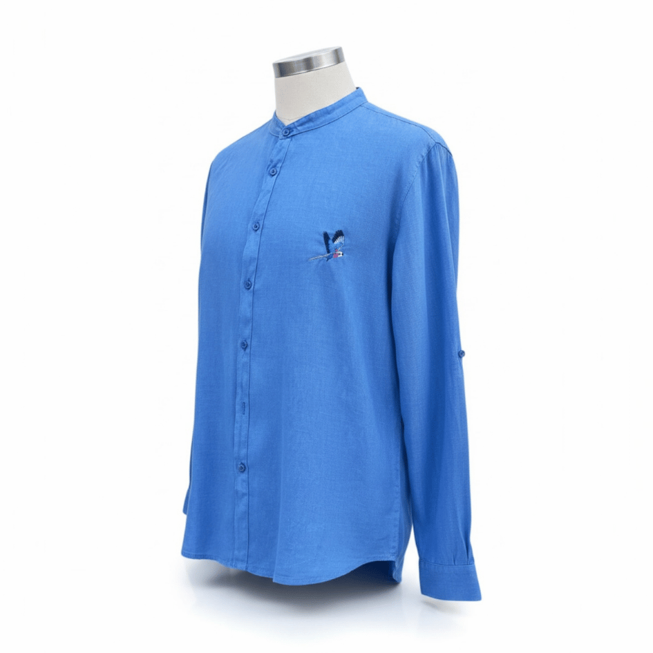 Unisex Upcycled Linen Shirt with Bird Embroidery - Small