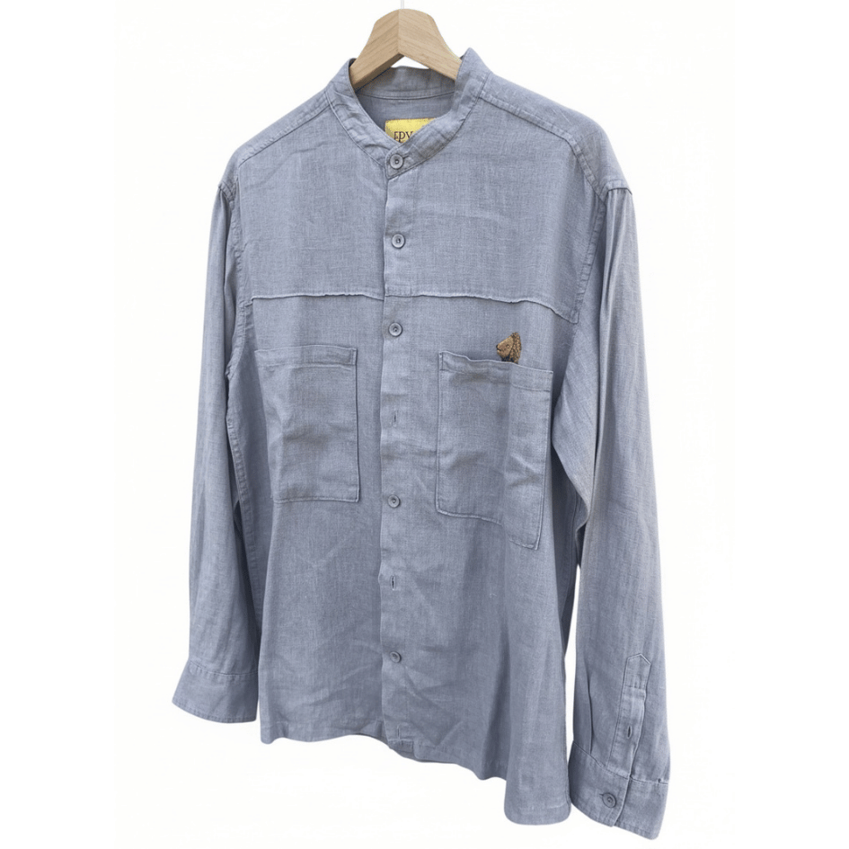 Unisex Upcycled Linen Shirt with Lion Embroidery - Small