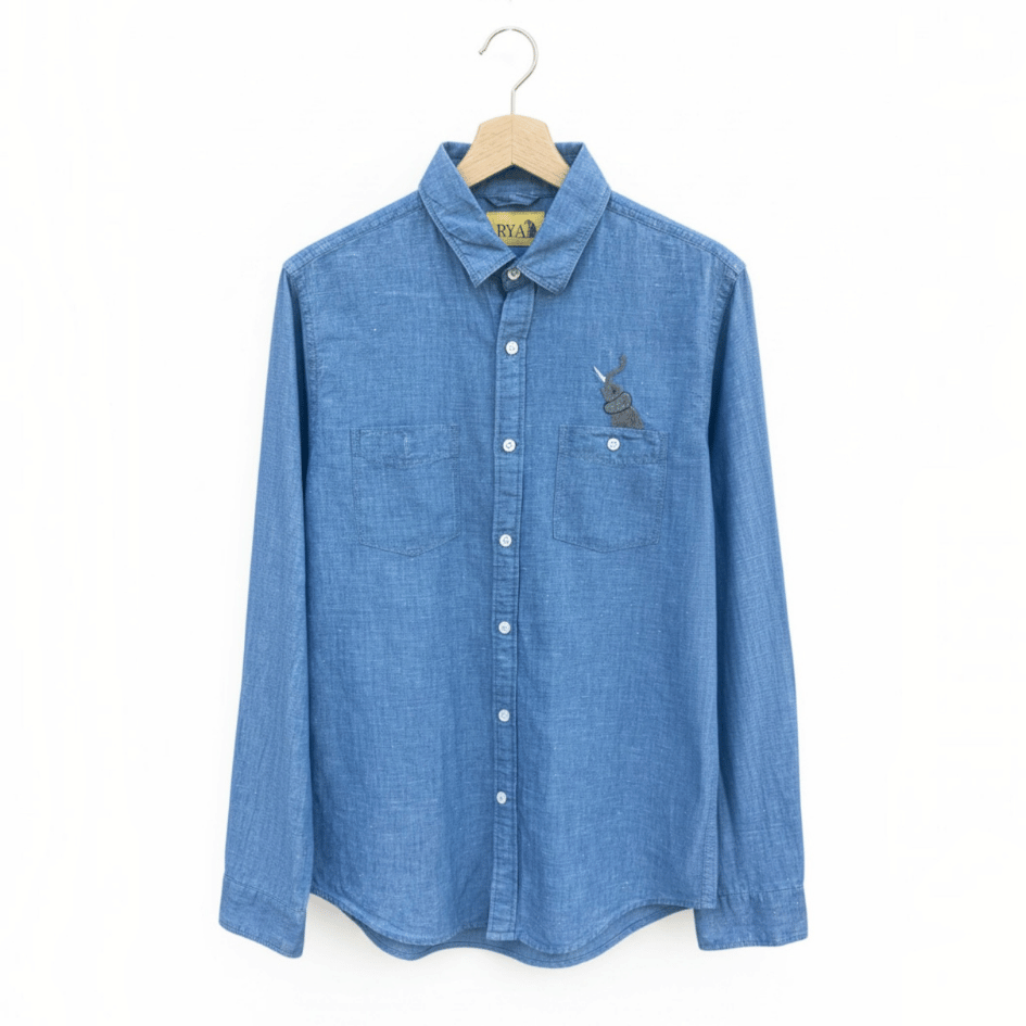 Unisex Upcycled Linen Shirt with Elephant Embroidery - Small