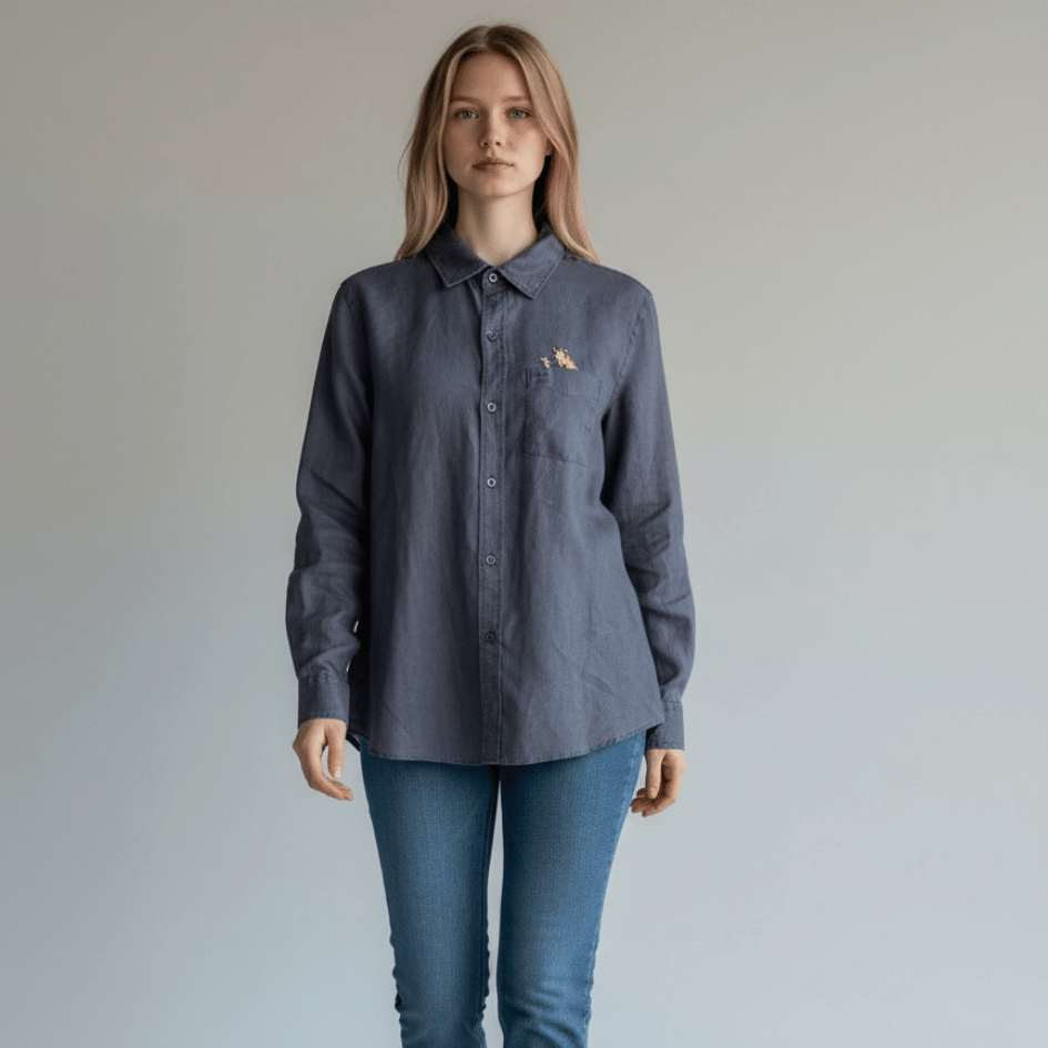Unisex Upcycled Linen Shirt with Girafe Embroidery - Small