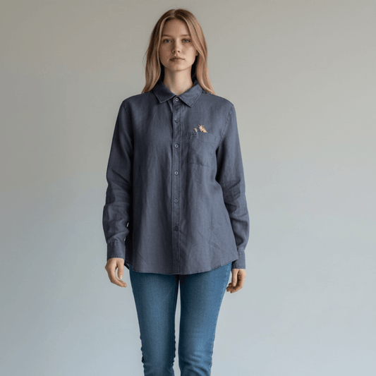 Unisex Upcycled Linen Shirt with Girafe Embroidery - Small