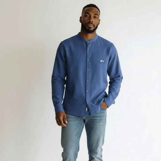 Unisex Upcycled Linen Shirt with Crowned Crane Embroidery - Small