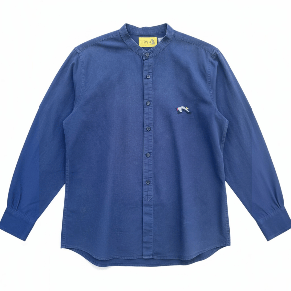 Unisex Upcycled Linen Shirt with Crowned Crane Embroidery - Small