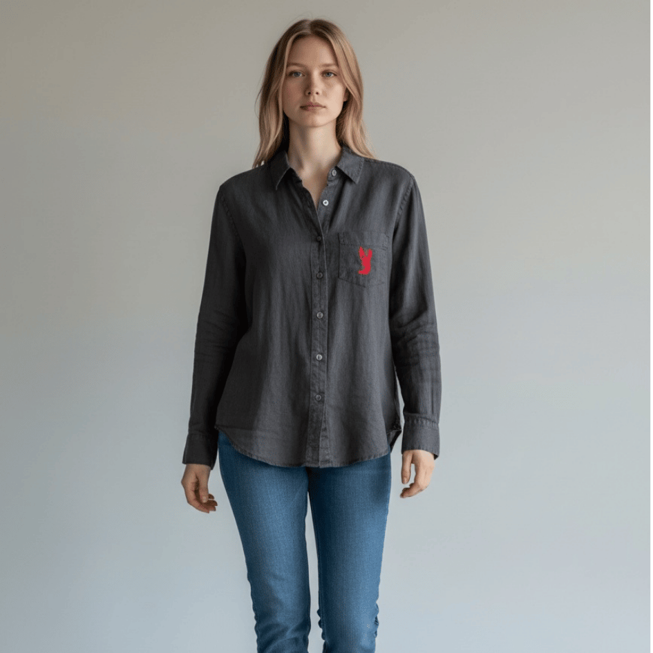 Unisex Upcycled Linen Shirt with Lobster Embroidery - Small