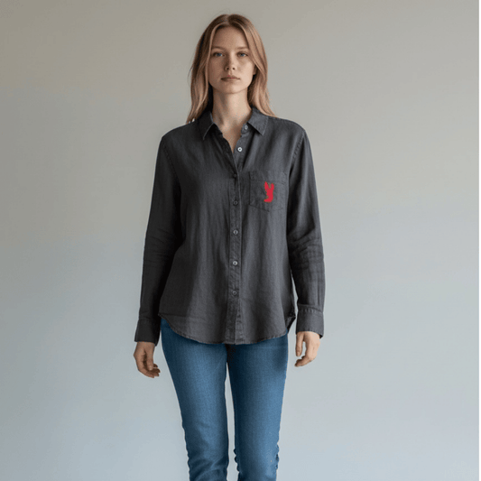 Unisex Upcycled Linen Shirt with Lobster Embroidery - Small