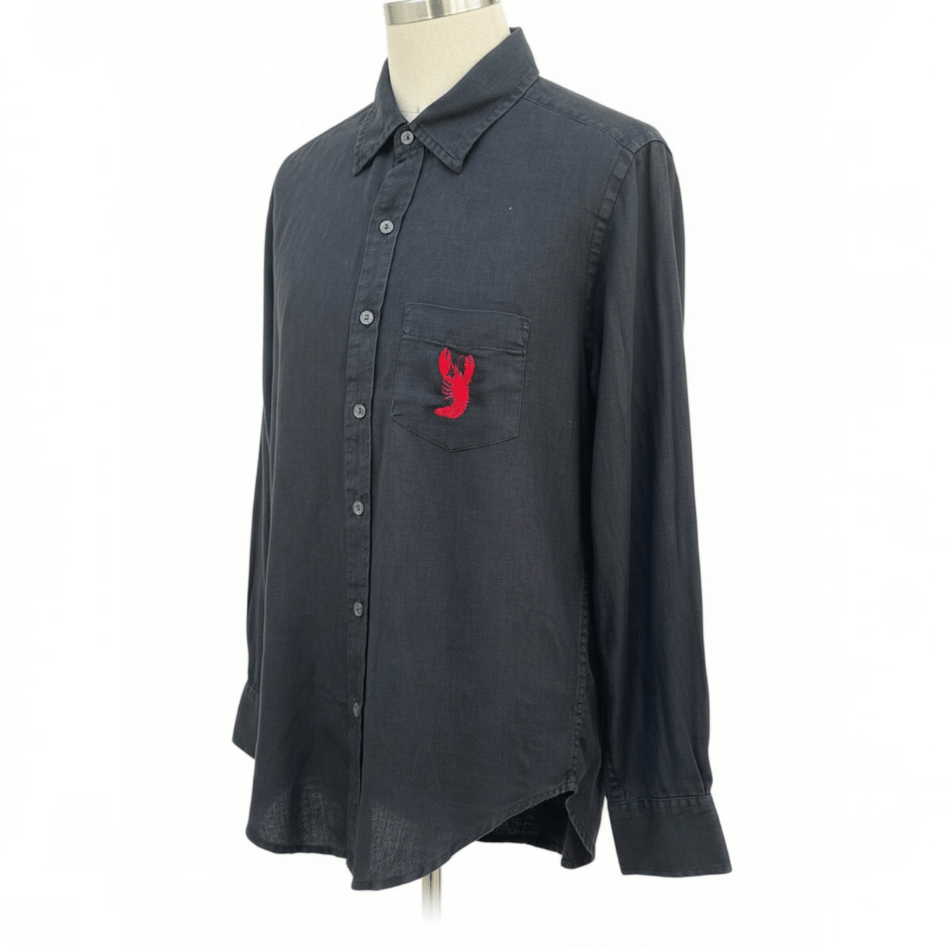 Unisex Upcycled Linen Shirt with Lobster Embroidery - Small