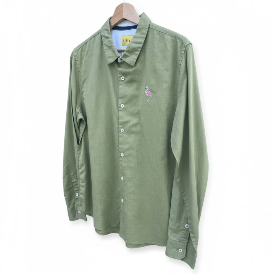 Unisex Upcycled Linen Shirt with Flamingo Embroidery - Small